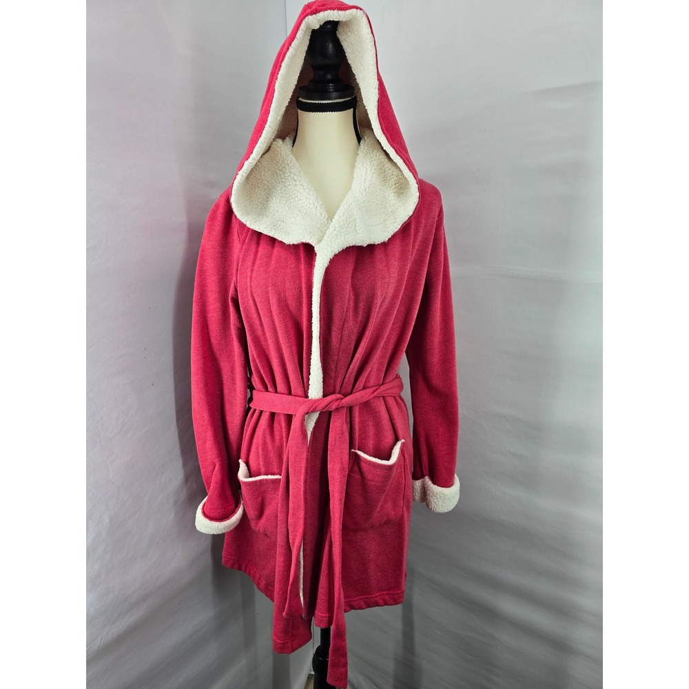 Victoria's Secret Pink Sherpa Lined Hooded Fleece Robe VS Graphic Red XS/S